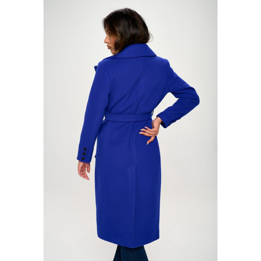 Coalition LA Double-Breasted Longline Coat with Belt Royal Blue / S Apparel and Accessories