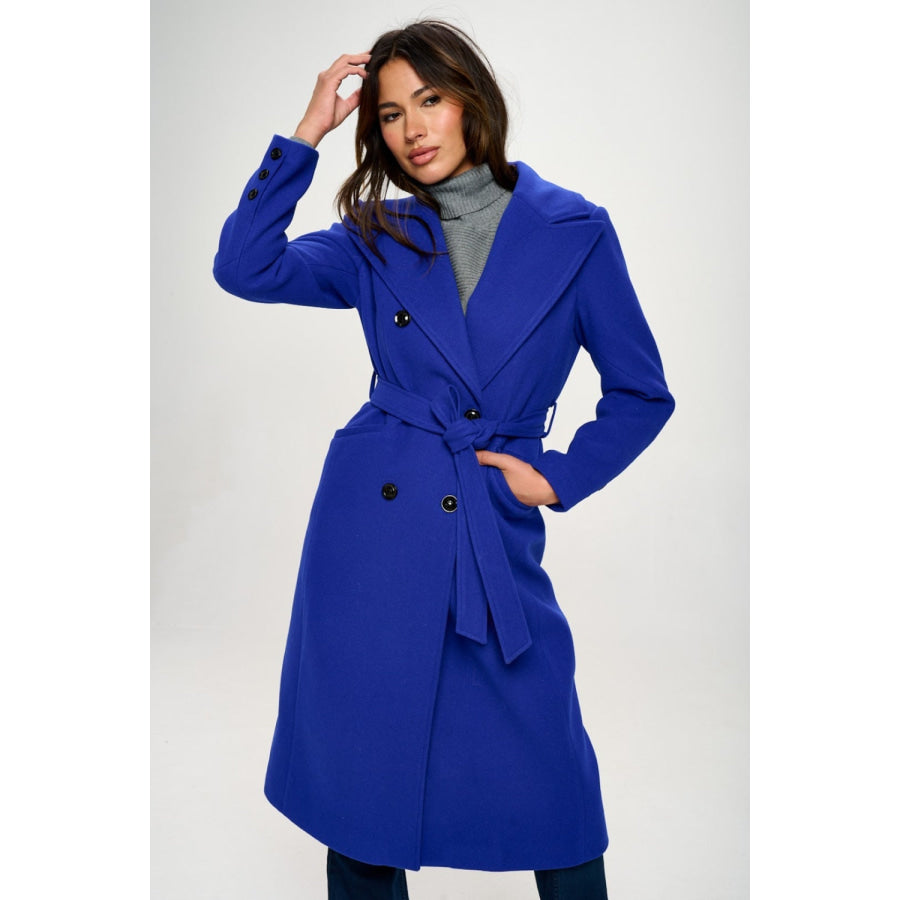 Coalition LA Double-Breasted Longline Coat with Belt Royal Blue / S Apparel and Accessories