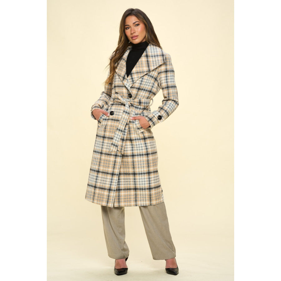 Coalition LA Double-Breasted Plaid Coat with Belt Apparel and Accessories