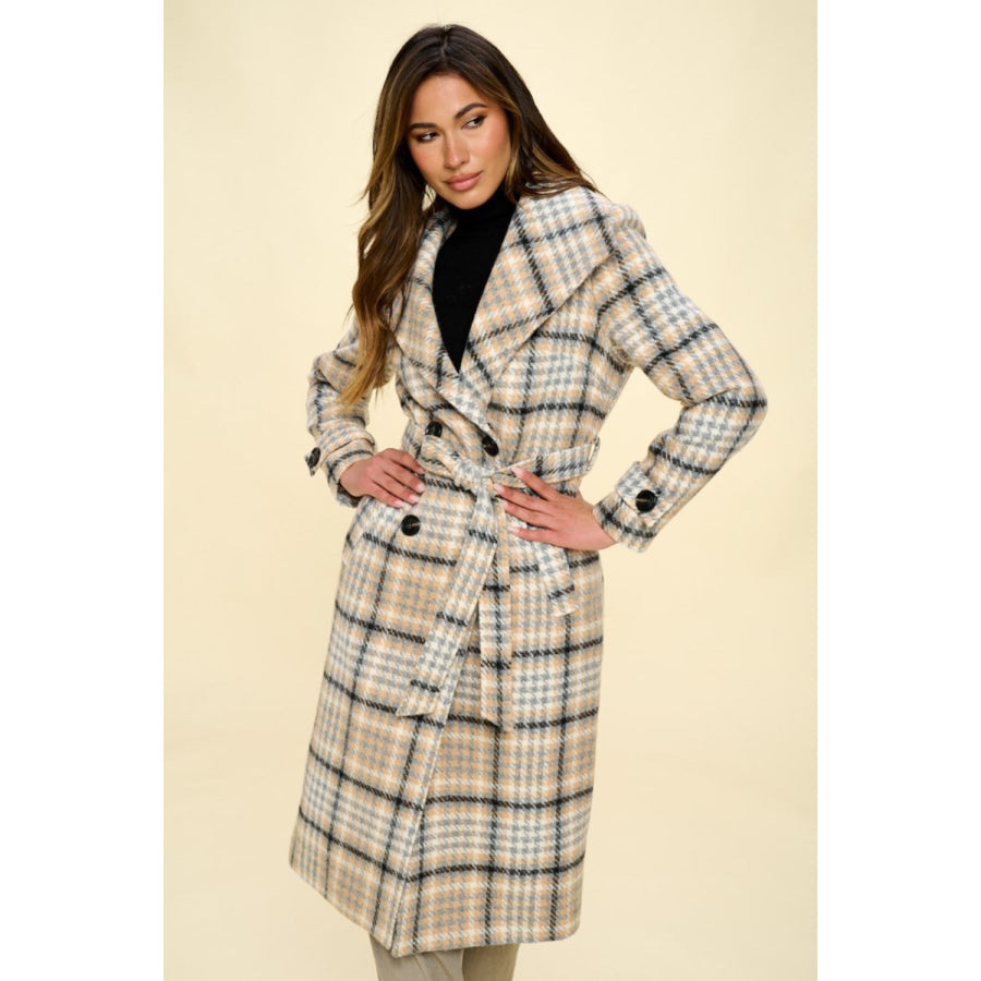 Coalition LA Double-Breasted Plaid Coat with Belt Khaki Multi / S Apparel and Accessories