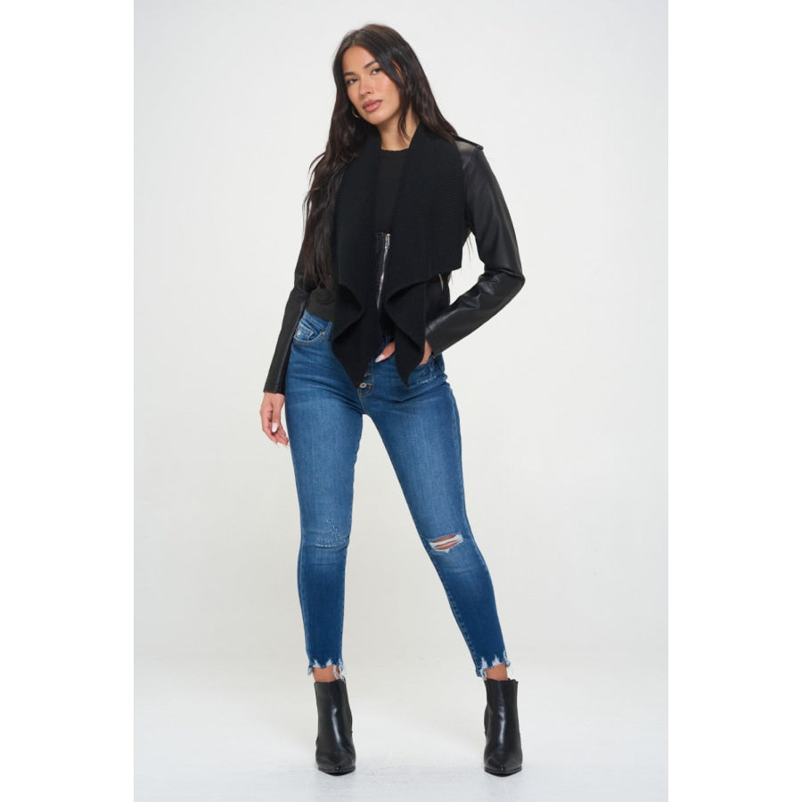 Coalition LA Knit Collared Faux Leather Crop Jacket Apparel and Accessories