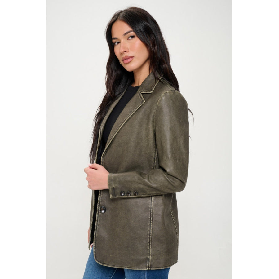 Coalition LA Single-Breasted Vegan Leather Blazer Olive Brown / S Apparel and Accessories