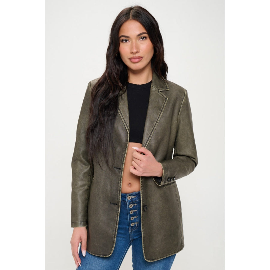 Coalition LA Single-Breasted Vegan Leather Blazer Olive Brown / S Apparel and Accessories