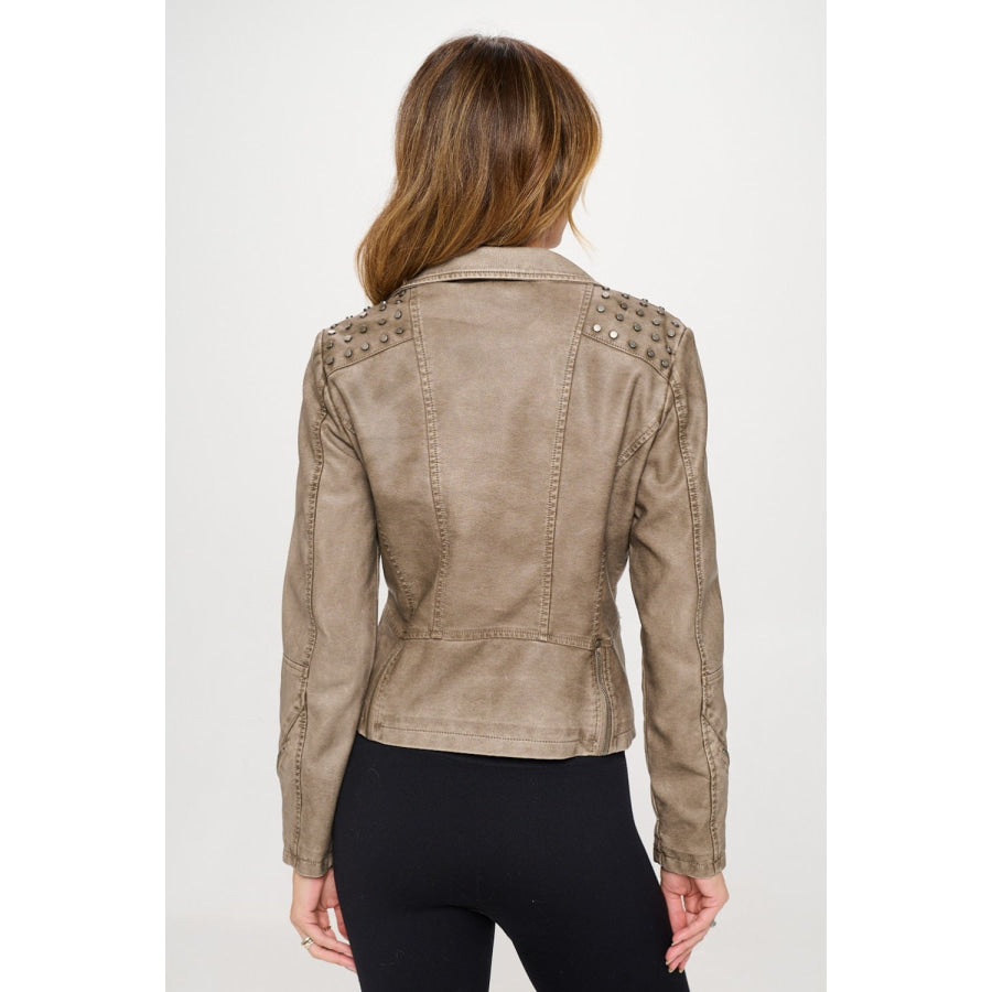 Coalition LA Studded Classic Moto Faux Leather Jacket Mocha / S Apparel and Accessories