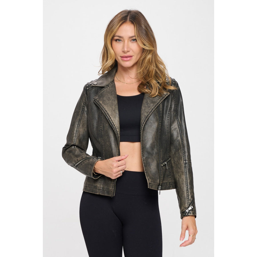 Coalition LA Studded Classic Moto Faux Leather Jacket Brown / S Apparel and Accessories