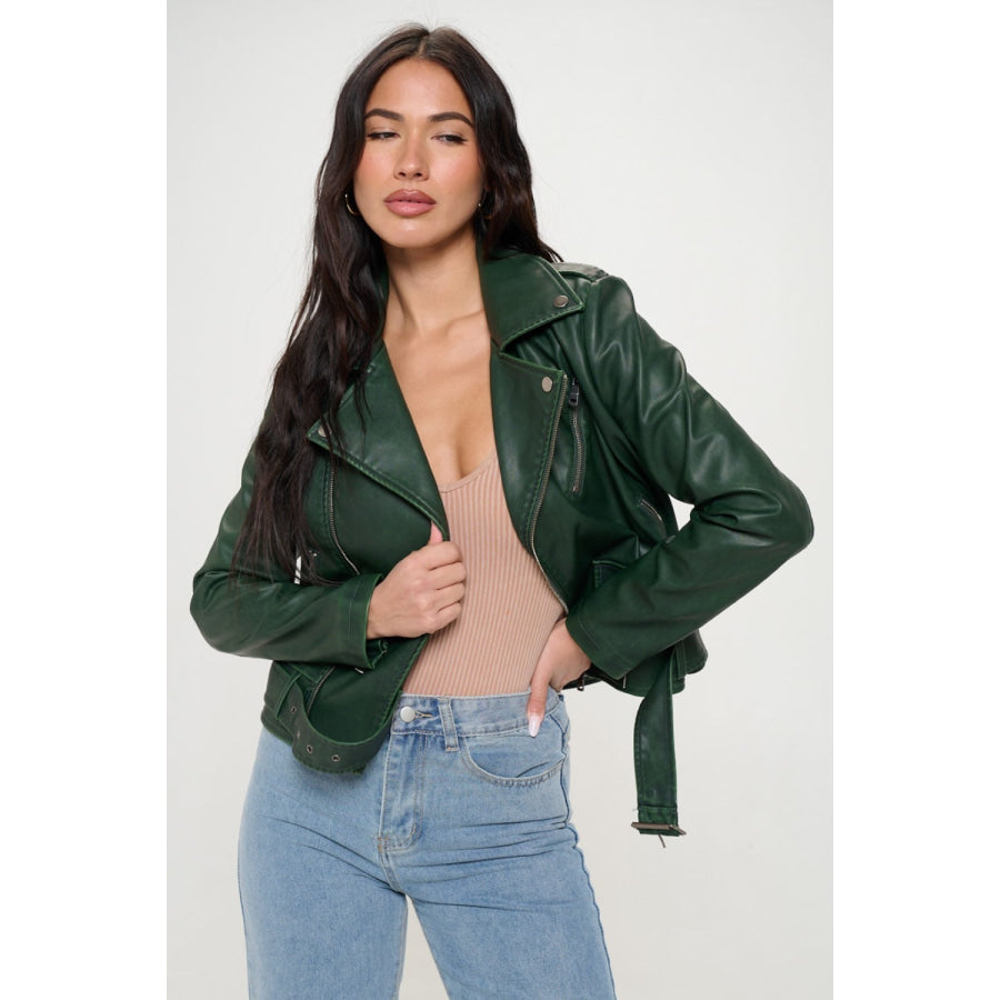 Coalition LA Zip Up Biker Jacket with Belt Apparel and Accessories