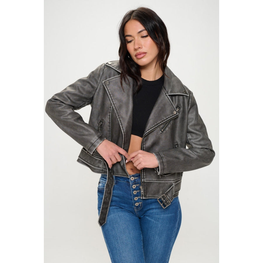 Coalition LA Zip Up Biker Jacket with Belt Apparel and Accessories