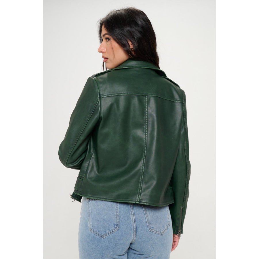 Coalition LA Zip Up Biker Jacket with Belt Green / S Apparel and Accessories