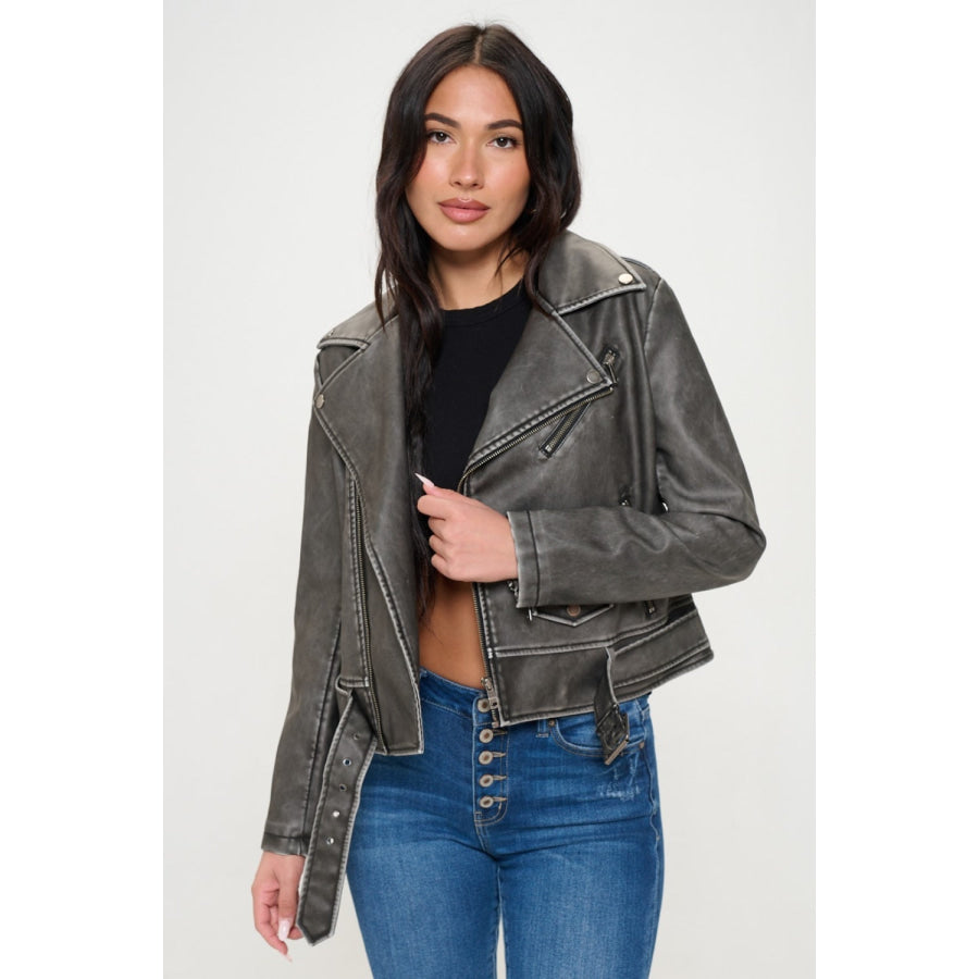 Coalition LA Zip Up Biker Jacket with Belt Apparel and Accessories