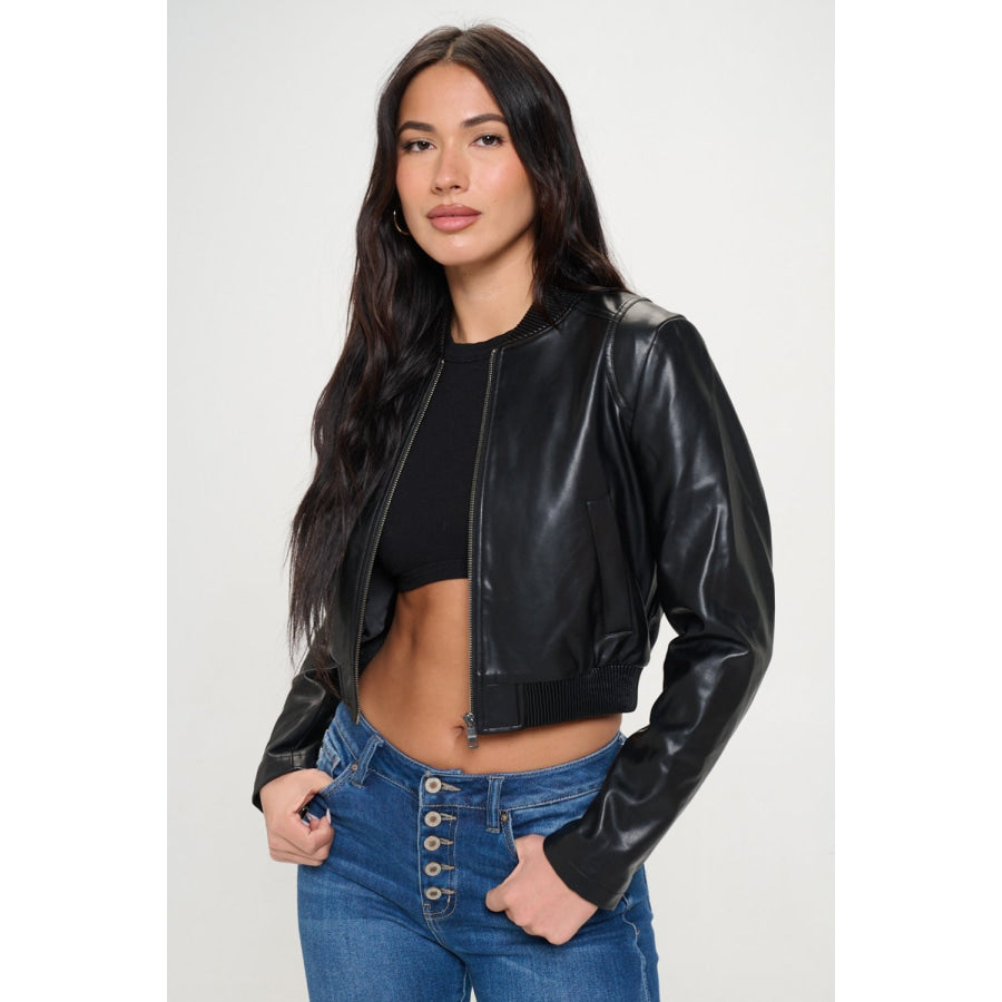 Coalition LA Zip Up Cropped Bomber Jacket Black / S Apparel and Accessories