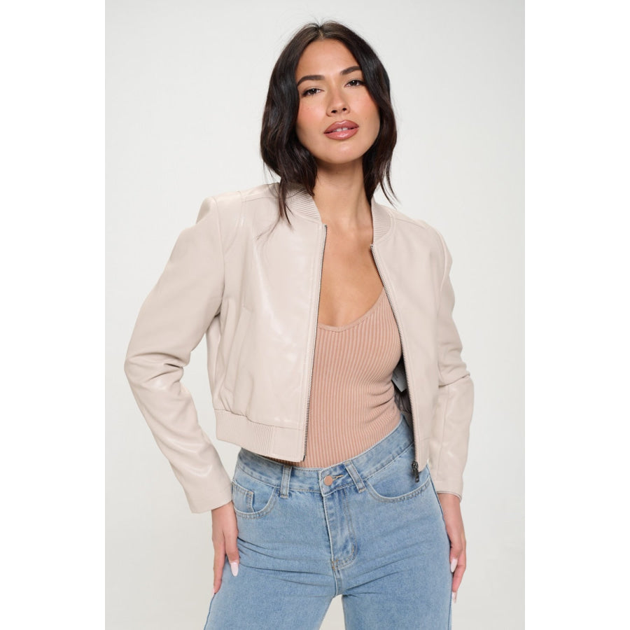 Coalition LA Zip Up Cropped Bomber Jacket Cream / S Apparel and Accessories