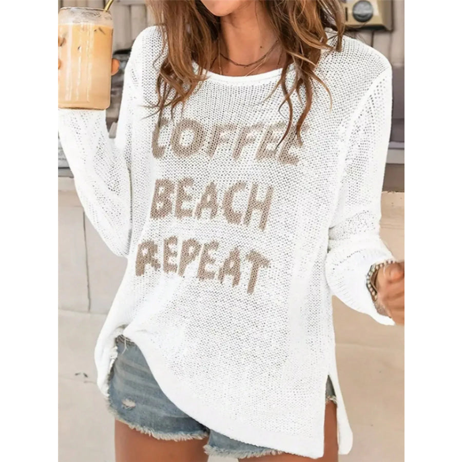 Coffee Beach Letter Side Slit Knit Top White / S Apparel and Accessories