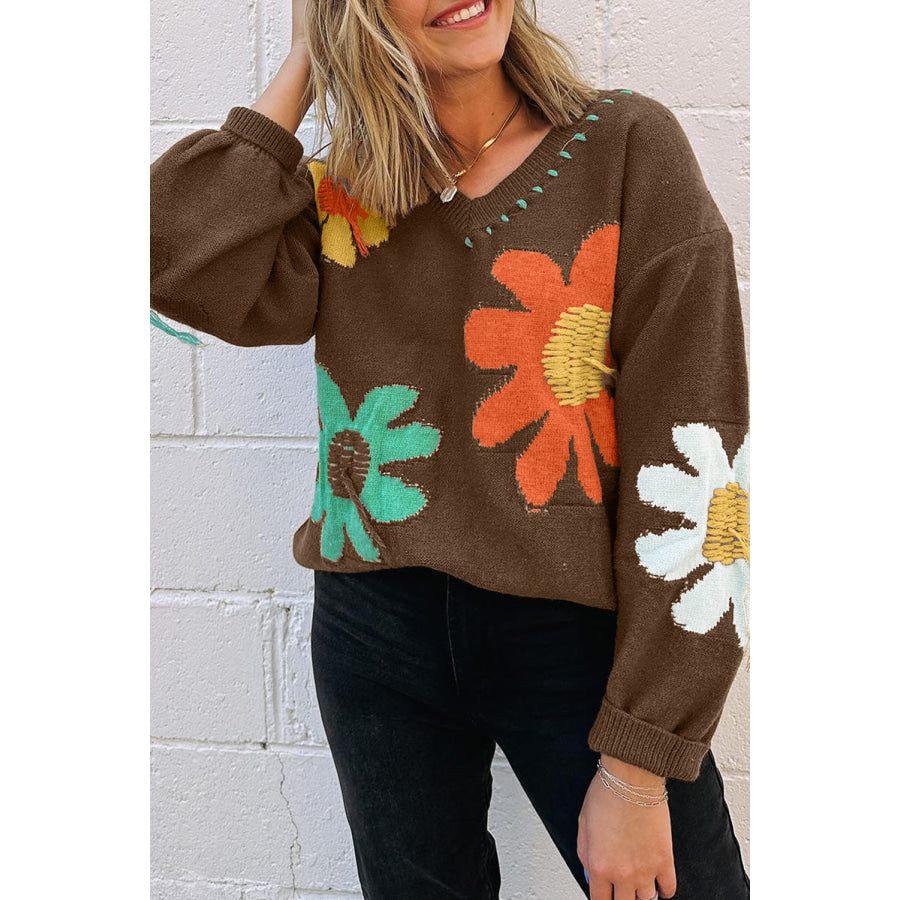 Coffee Big Flower Pattern V Neck Drop Shoulder Sweater Coffee / S / 42% Acrylic + 30% Polyester + 28% Polyamide Sale (50% OFF)/Sale (50%