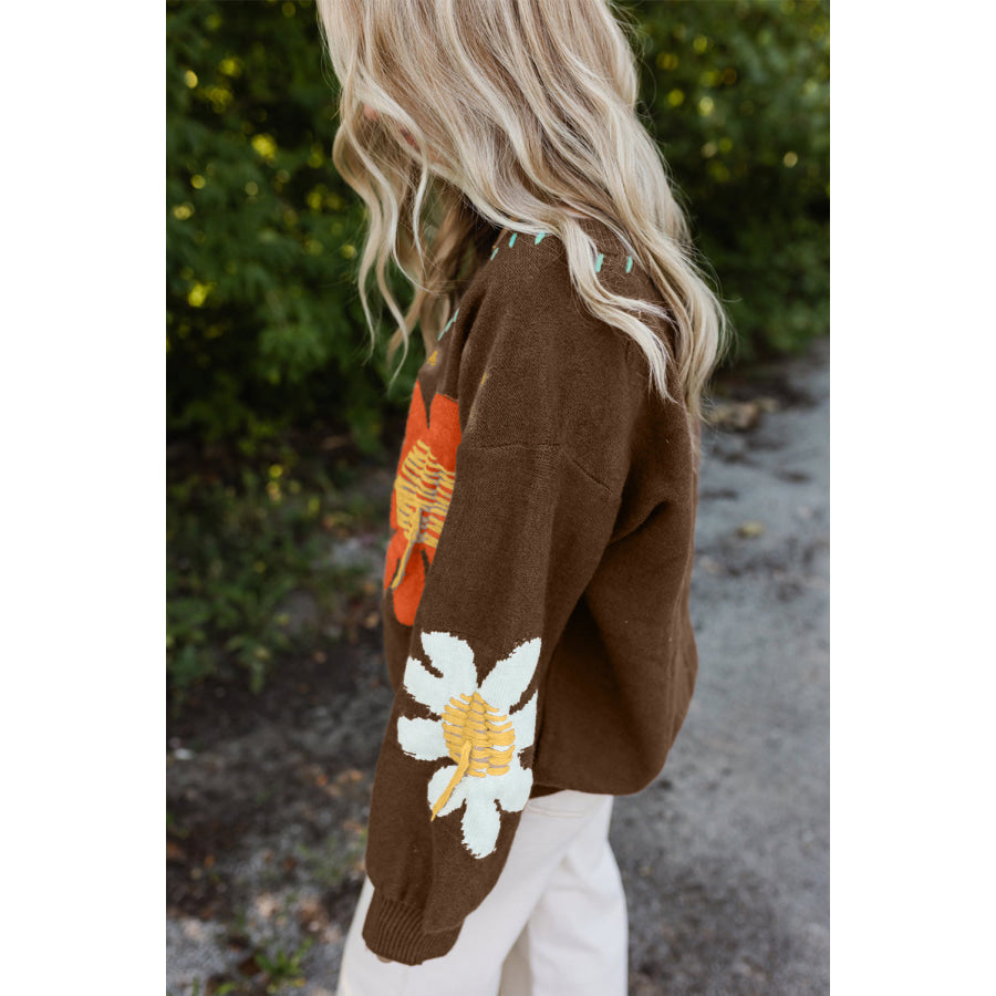 Coffee Big Flower Pattern V Neck Drop Shoulder Sweater Sale (50% OFF)/Sale (50% OFF)