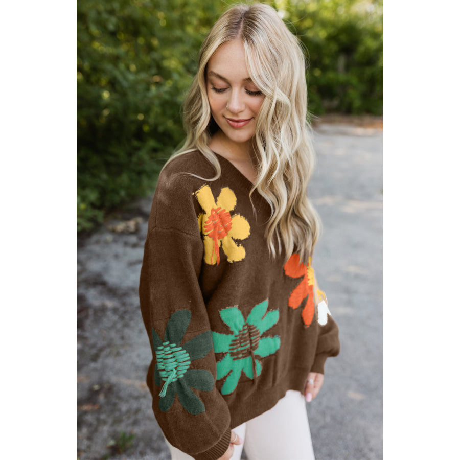Coffee Big Flower Pattern V Neck Drop Shoulder Sweater Sale (50% OFF)/Sale (50% OFF)