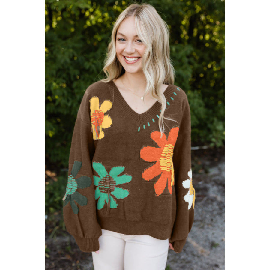 Coffee Big Flower Pattern V Neck Drop Shoulder Sweater Sale (50% OFF)/Sale (50% OFF)