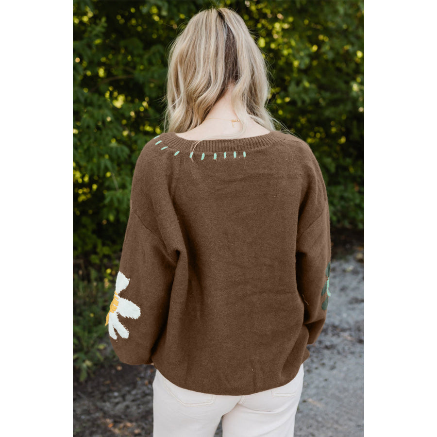 Coffee Big Flower Pattern V Neck Drop Shoulder Sweater Coffee / S / 42% Acrylic + 30% Polyester + 28% Polyamide Sale (50% OFF)/Sale (50%