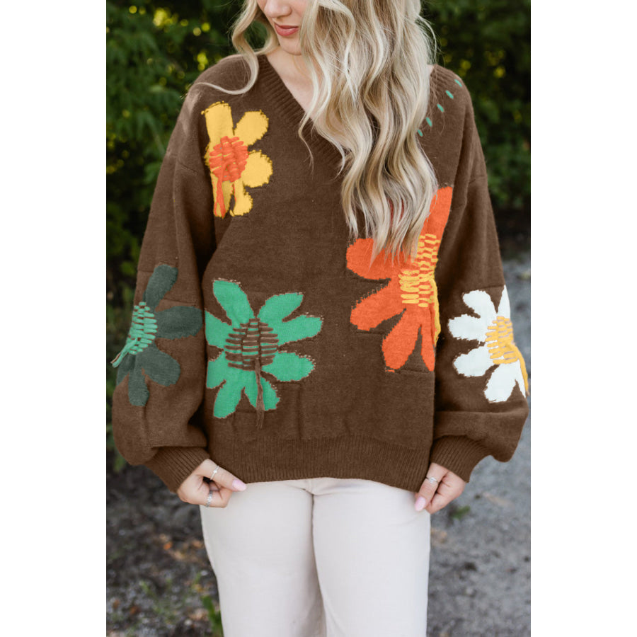 Coffee Big Flower Pattern V Neck Drop Shoulder Sweater Sale (50% OFF)/Sale (50% OFF)