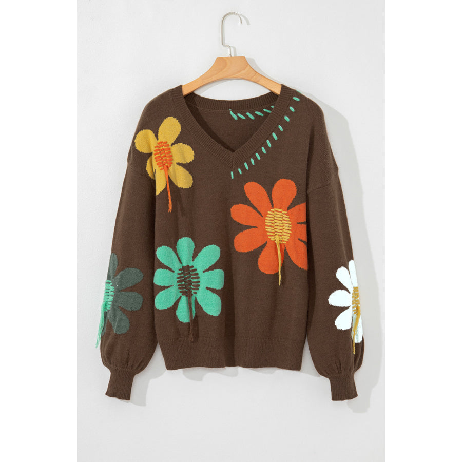 Coffee Big Flower Pattern V Neck Drop Shoulder Sweater Sale (50% OFF)/Sale (50% OFF)