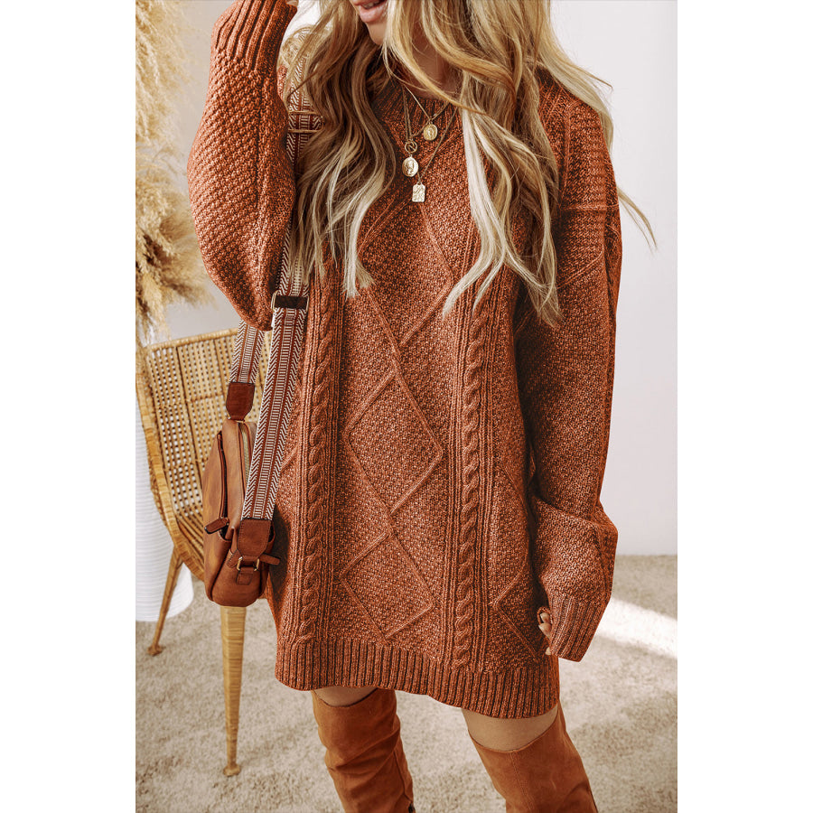 Coffee Cable Knit Drop Shoulder Loose Fit Sweater Dress Coffee / S / 100% Polyester Sweaters & Cardigans/Sweater Dresses