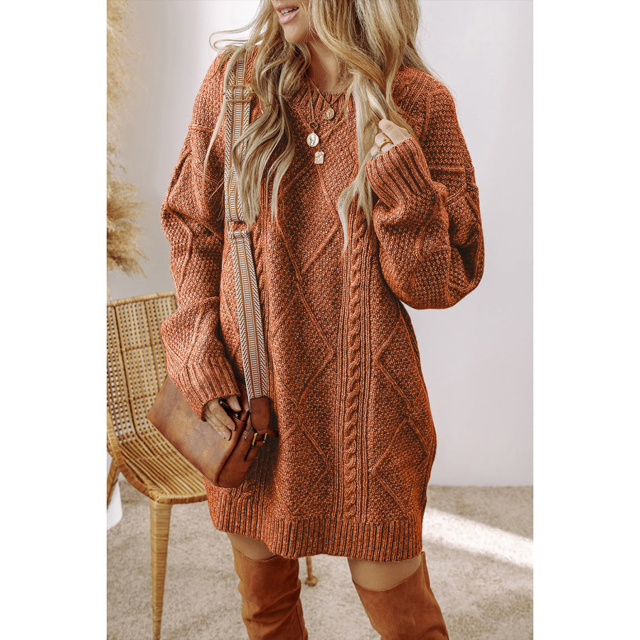 Coffee Cable Knit Drop Shoulder Loose Fit Sweater Dress Sweaters & Cardigans/Sweater Dresses