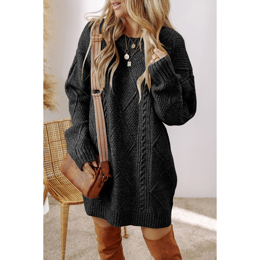 Coffee Cable Knit Drop Shoulder Loose Fit Sweater Dress Sweaters & Cardigans/Sweater Dresses
