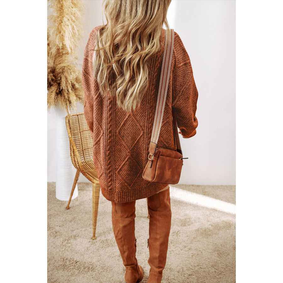 Coffee Cable Knit Drop Shoulder Loose Fit Sweater Dress Coffee / S / 100% Polyester Sweaters & Cardigans/Sweater Dresses
