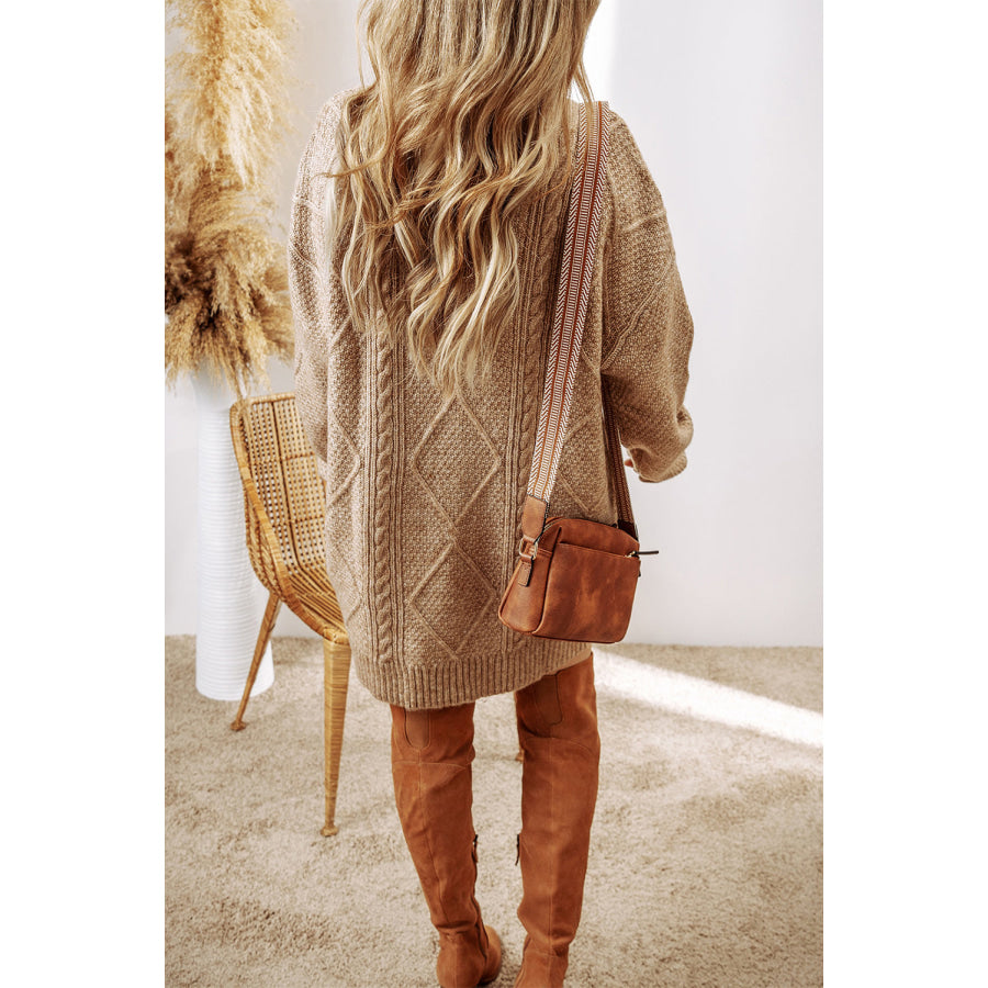 Coffee Cable Knit Drop Shoulder Loose Fit Sweater Dress Sweaters & Cardigans/Sweater Dresses