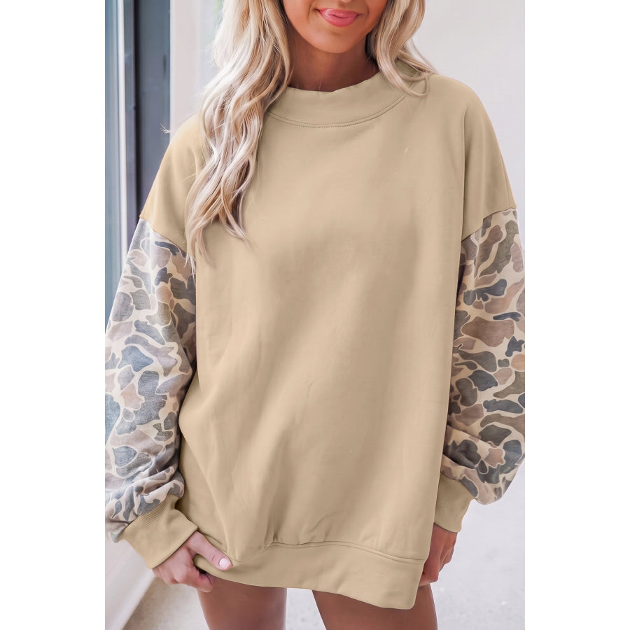 Coffee Camouflage Sleeve Crewneck Baggy Pullover Sweatshirt Beige / S Tops/Sweatshirts & Hoodies