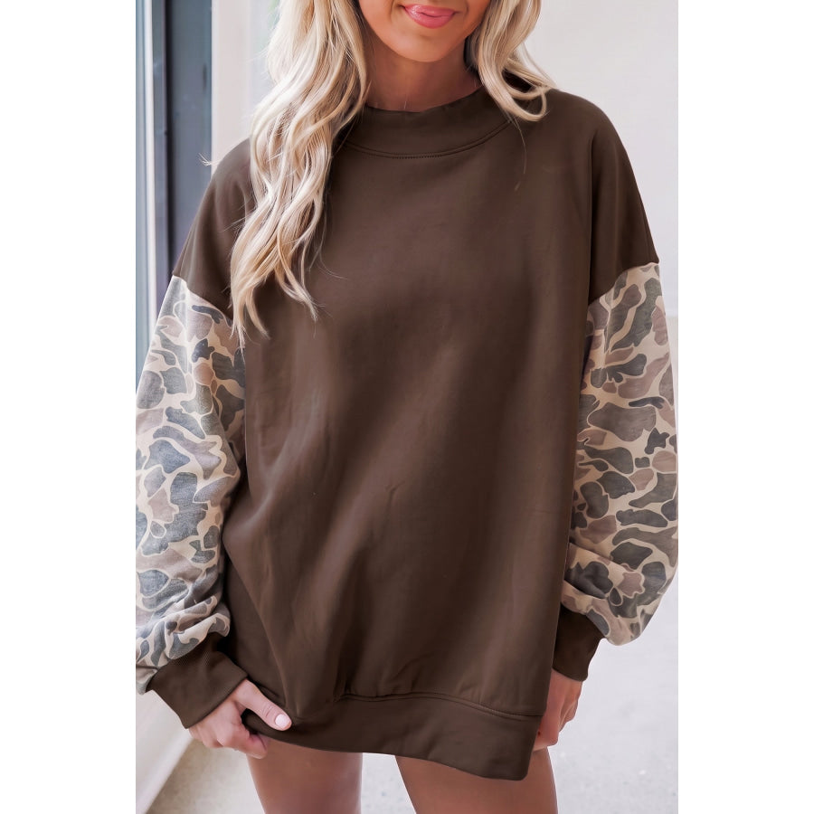 Coffee Camouflage Sleeve Crewneck Baggy Pullover Sweatshirt Coffee / S Tops/Sweatshirts & Hoodies