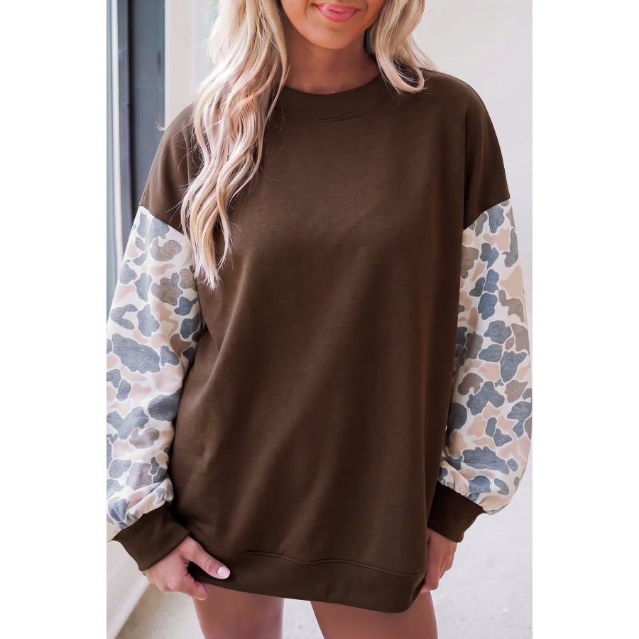 Coffee Camouflage Sleeve Crewneck Baggy Pullover Sweatshirt Tops/Sweatshirts & Hoodies