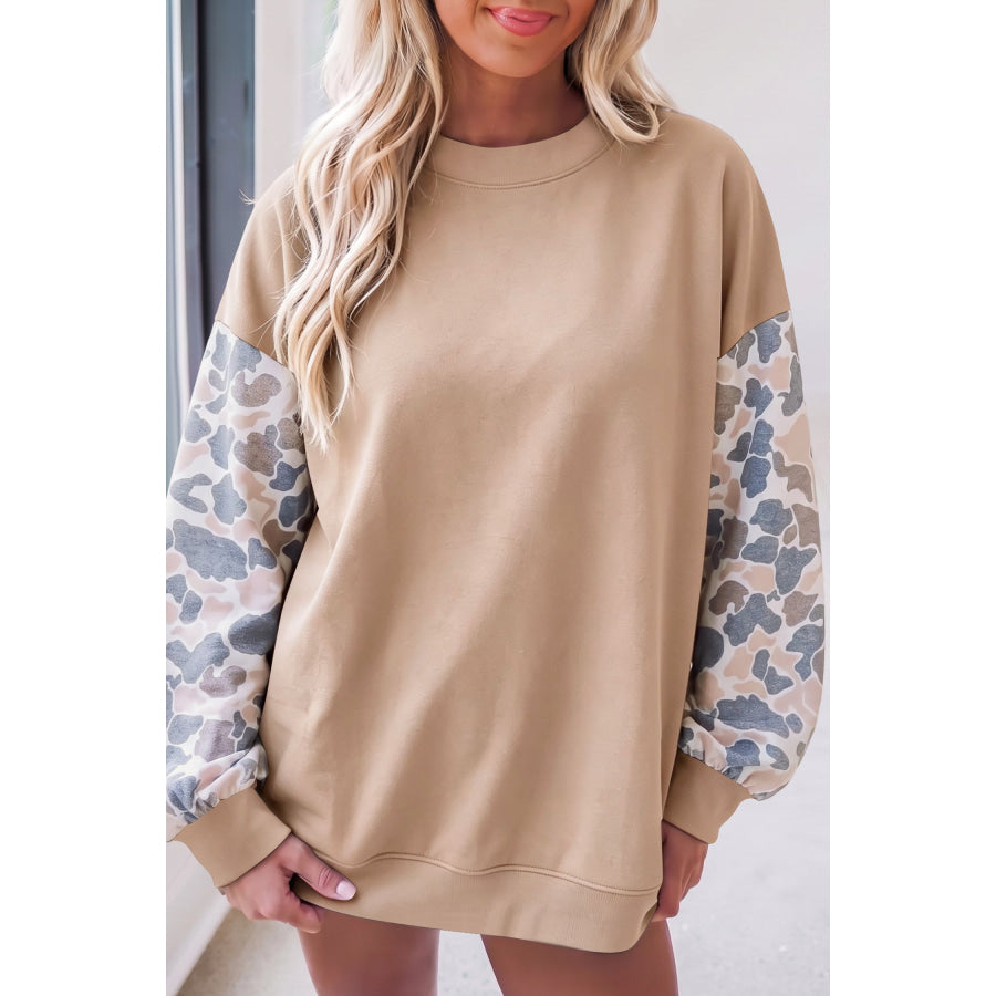 Coffee Camouflage Sleeve Crewneck Baggy Pullover Sweatshirt Tops/Sweatshirts & Hoodies