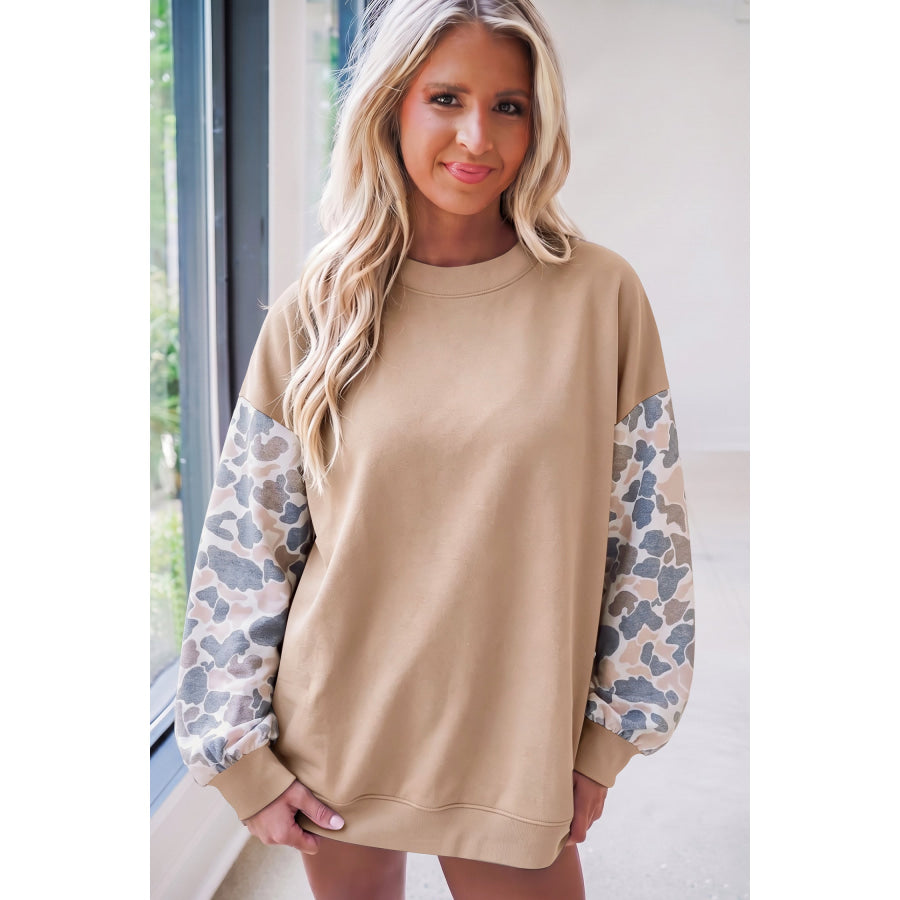 Coffee Camouflage Sleeve Crewneck Baggy Pullover Sweatshirt Tops/Sweatshirts & Hoodies