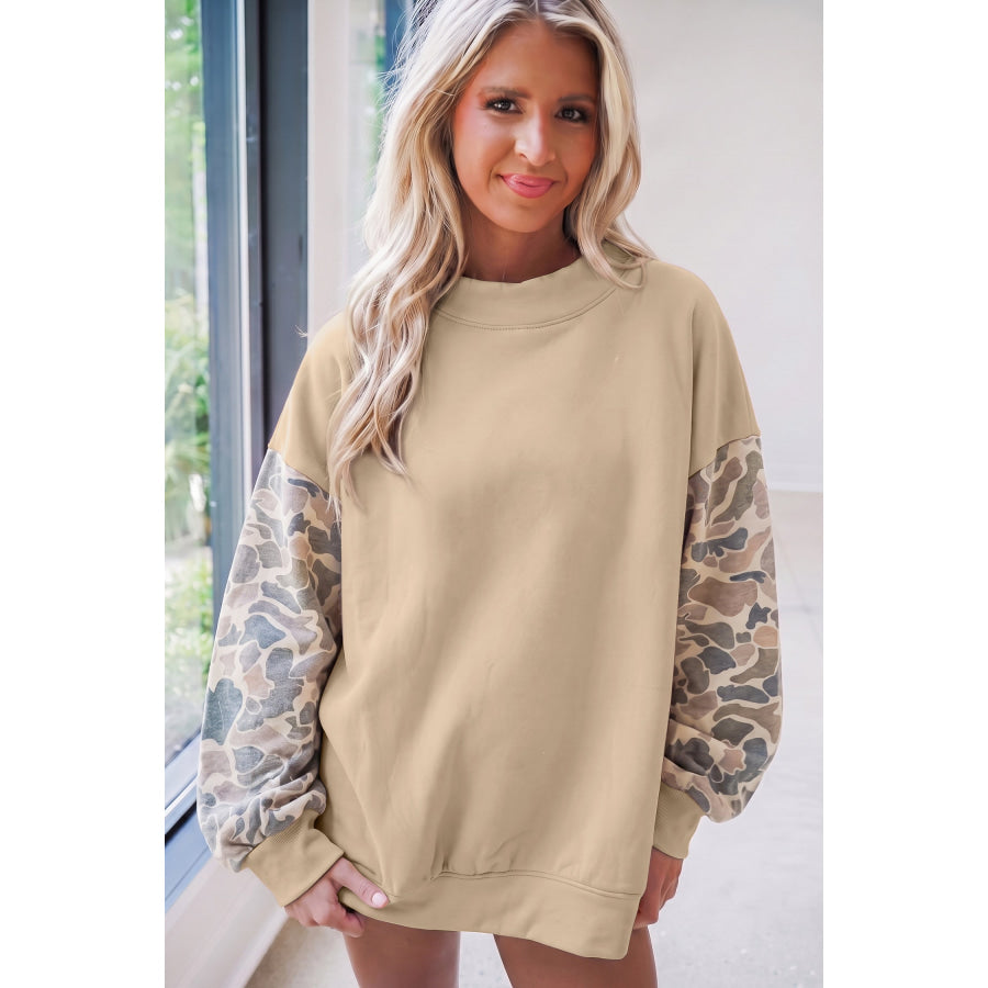 Coffee Camouflage Sleeve Crewneck Baggy Pullover Sweatshirt Tops/Sweatshirts & Hoodies