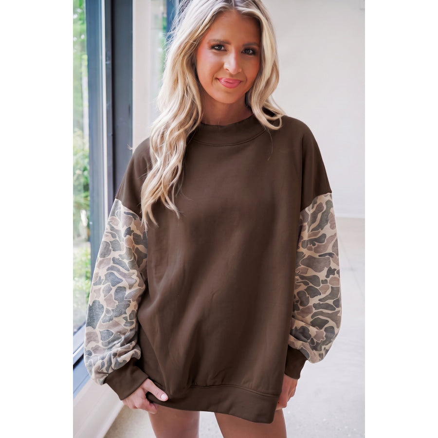 Coffee Camouflage Sleeve Crewneck Baggy Pullover Sweatshirt Tops/Sweatshirts & Hoodies
