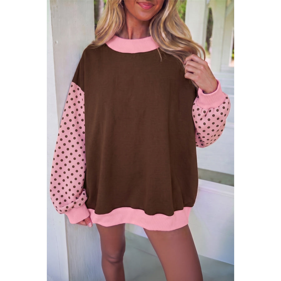 Coffee Colorblock Polka Dot Puff Sleeve Shift Tunic Pullover Sweatshirt / S Tops/Sweatshirts & Hoodies
