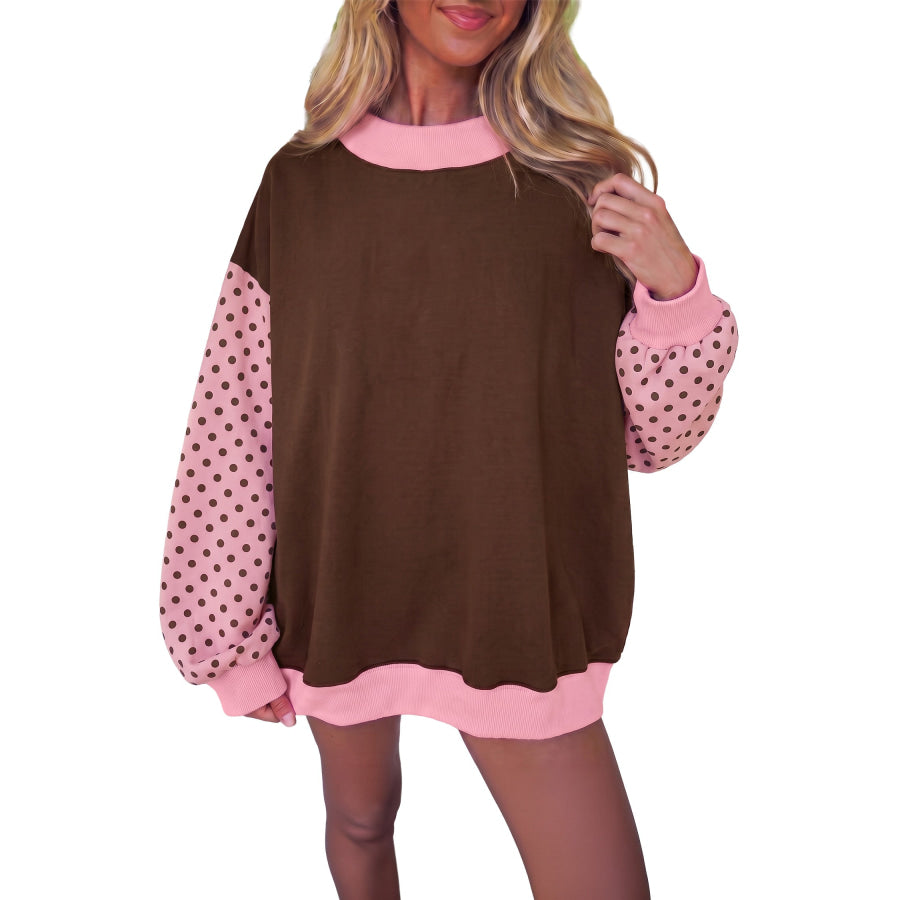 Coffee Colorblock Polka Dot Puff Sleeve Shift Tunic Pullover Sweatshirt / S Tops/Sweatshirts & Hoodies