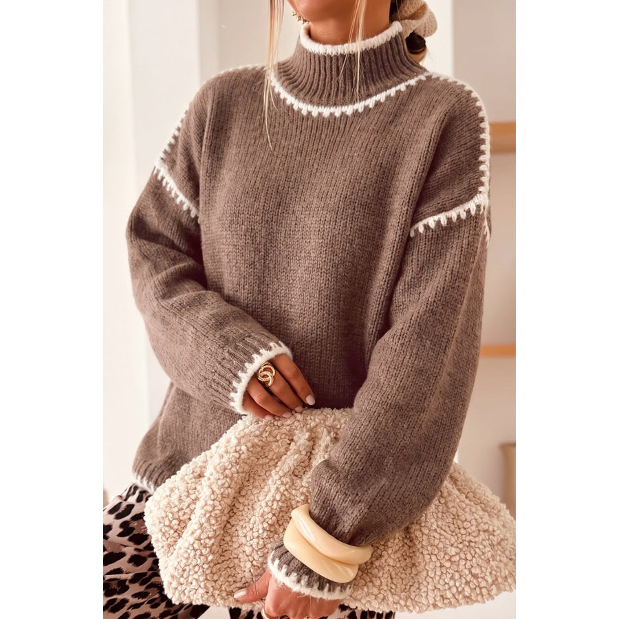 Coffee Contrast Trim Mock Neck Drop Shoulder Relaxed Sweater Dark Khaki / S Sweaters & Cardigans/Sweaters