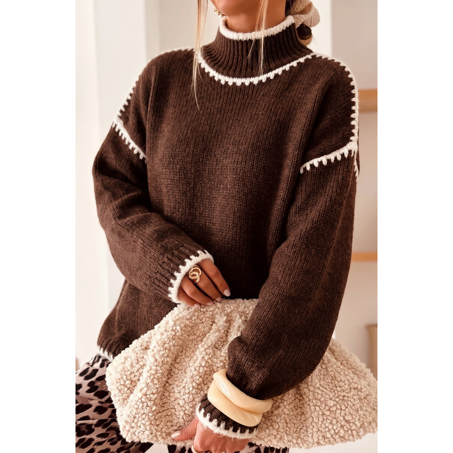 Coffee Contrast Trim Mock Neck Drop Shoulder Relaxed Sweater / S Sweaters & Cardigans/Sweaters
