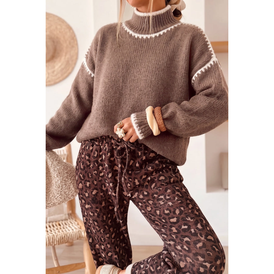 Coffee Contrast Trim Mock Neck Drop Shoulder Relaxed Sweater Sweaters & Cardigans/Sweaters