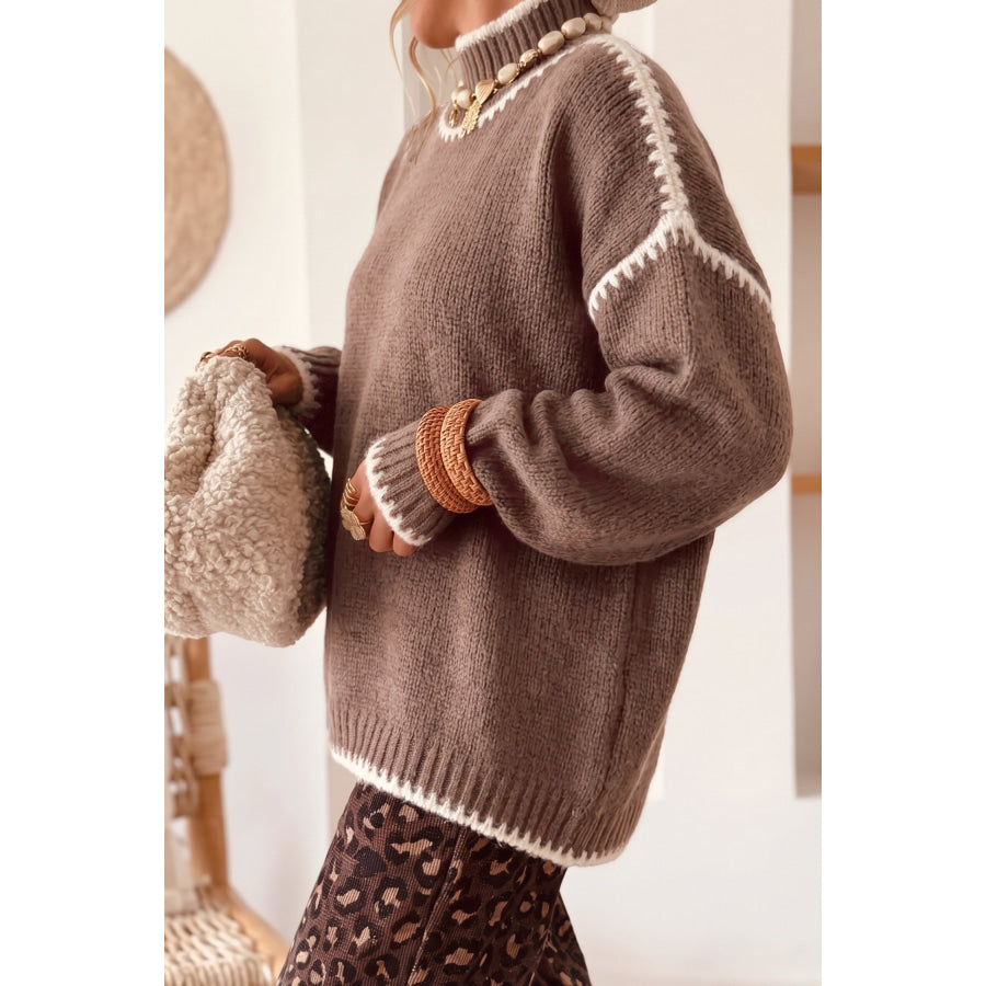 Coffee Contrast Trim Mock Neck Drop Shoulder Relaxed Sweater Sweaters & Cardigans/Sweaters