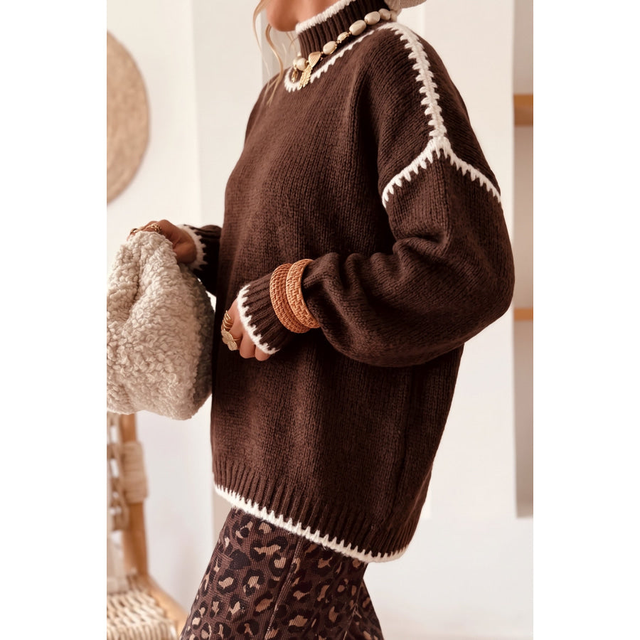 Coffee Contrast Trim Mock Neck Drop Shoulder Relaxed Sweater Sweaters & Cardigans/Sweaters