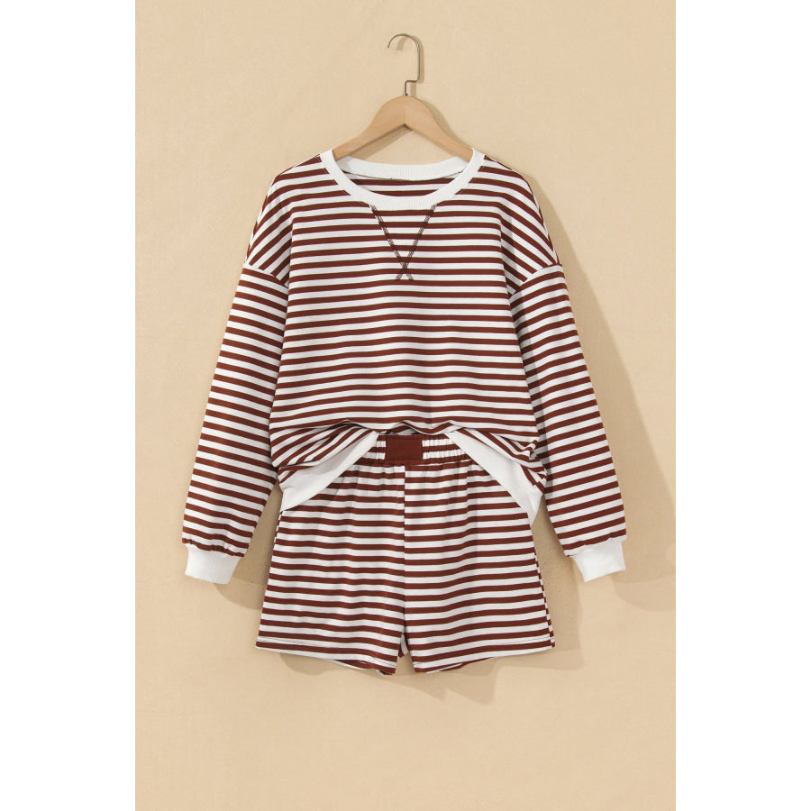 Coffee Drop Shoulder Long Sleeve Pullover Elastic Waist Casual Short Set Two Piece Sets/Short Sets
