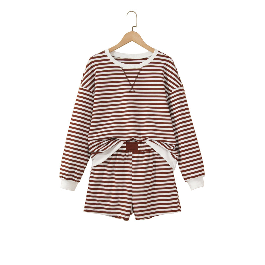 Coffee Drop Shoulder Long Sleeve Pullover Elastic Waist Casual Short Set Two Piece Sets/Short Sets