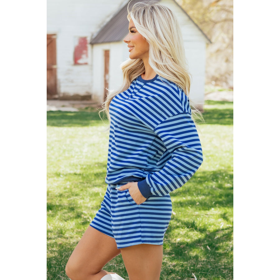 Coffee Drop Shoulder Long Sleeve Pullover Elastic Waist Casual Short Set Two Piece Sets/Short Sets