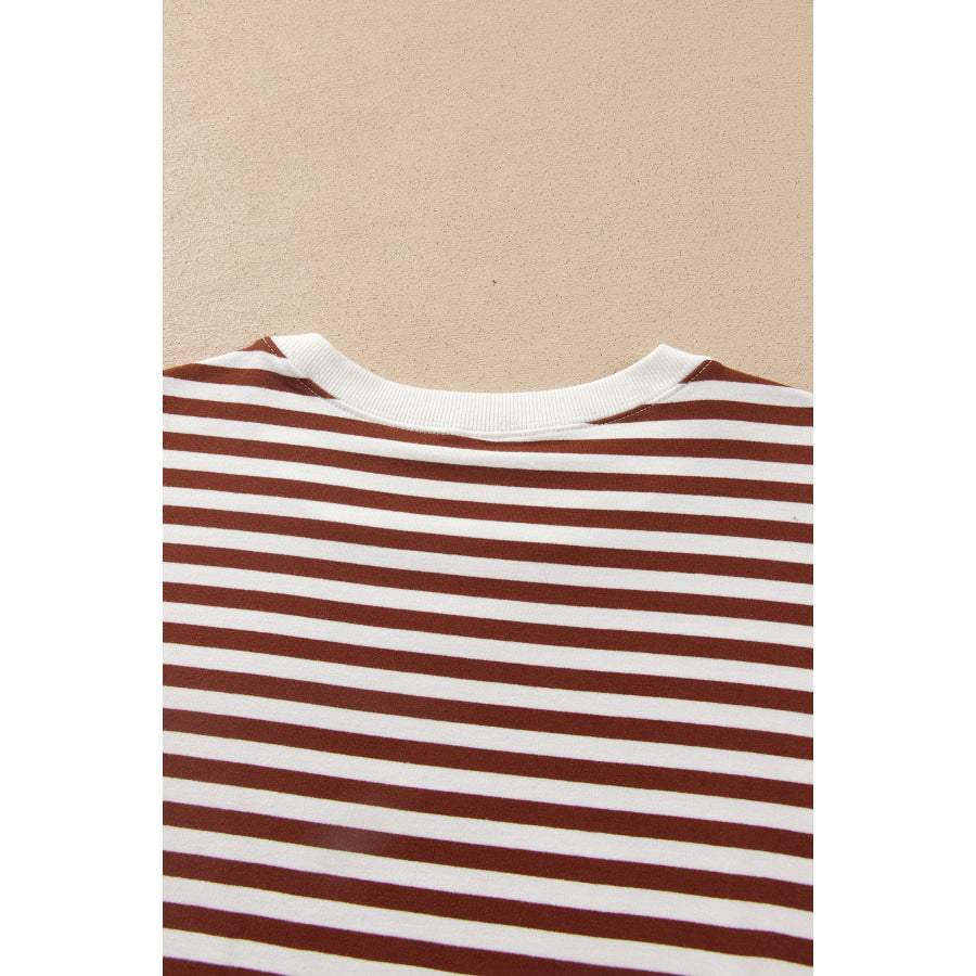 Coffee Drop Shoulder Long Sleeve Pullover Elastic Waist Casual Short Set Two Piece Sets/Short Sets
