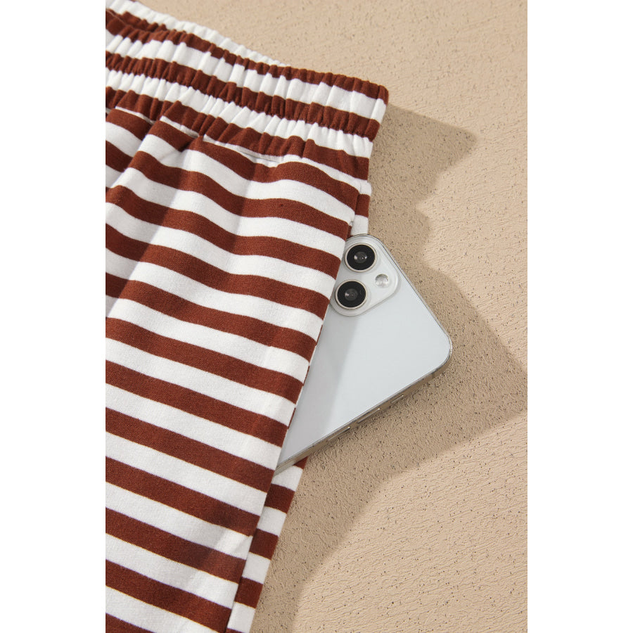 Coffee Drop Shoulder Long Sleeve Pullover Elastic Waist Casual Short Set Two Piece Sets/Short Sets