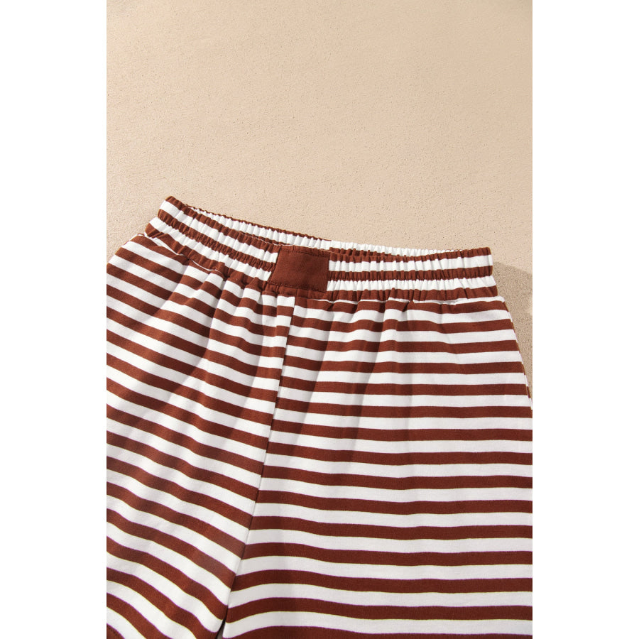 Coffee Drop Shoulder Long Sleeve Pullover Elastic Waist Casual Short Set Two Piece Sets/Short Sets