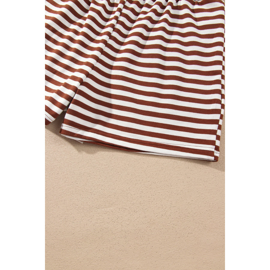 Coffee Drop Shoulder Long Sleeve Pullover Elastic Waist Casual Short Set Two Piece Sets/Short Sets