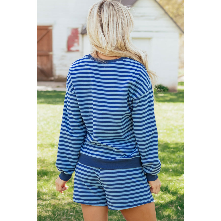 Coffee Drop Shoulder Long Sleeve Pullover Elastic Waist Casual Short Set Two Piece Sets/Short Sets